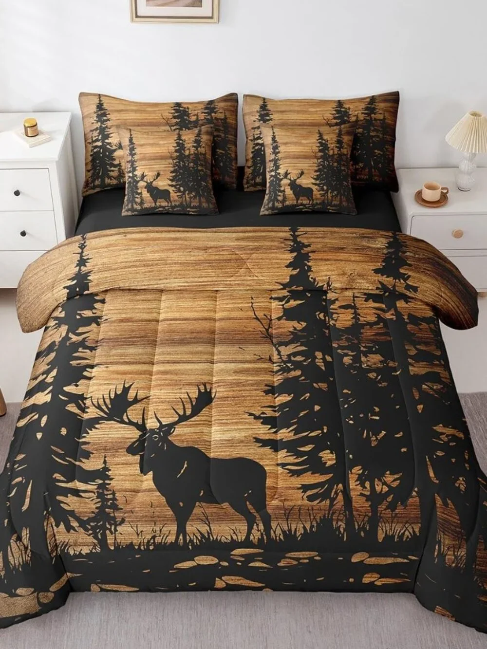 Moose Comforter Set 7 Pieces Twin Size Rustic Cabin Country Bedding Set for Kids